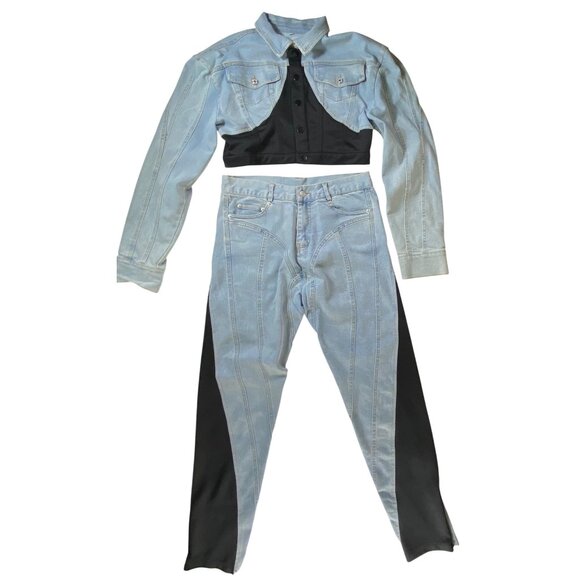 Blue Denim & Black Two-Piece Cropped Jacket Pants Set Size XL Sexy Stretch Jeans - Picture 1 of 9